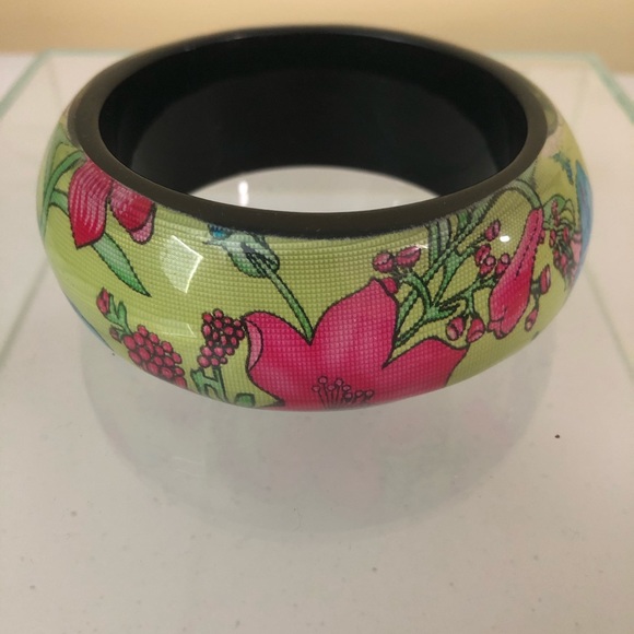 Vtg Lucite Bangle Bright Green Floral Wide Heavy - Picture 4 of 10